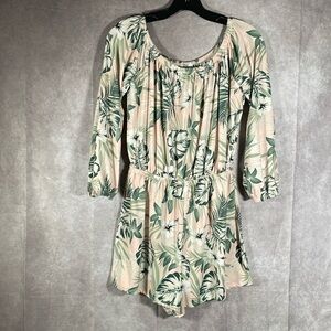 Ardene Basic Collection | Pink & Green Long Sleeve Tropical Floral Romper Large